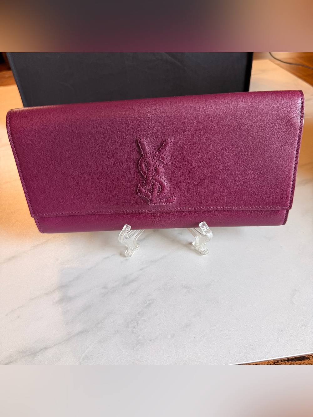 Saint Laurent Magenta Leather Long Wallet with Embossed YSL / COA